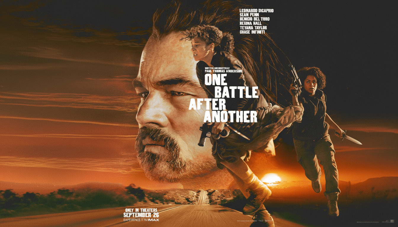 A movie poster for One Battle After Another featuring a large, close-up image of a mans face with a beard, overlaid with a smaller image of a woman in action, holding a gun and a knife, against a sunset desert road background.