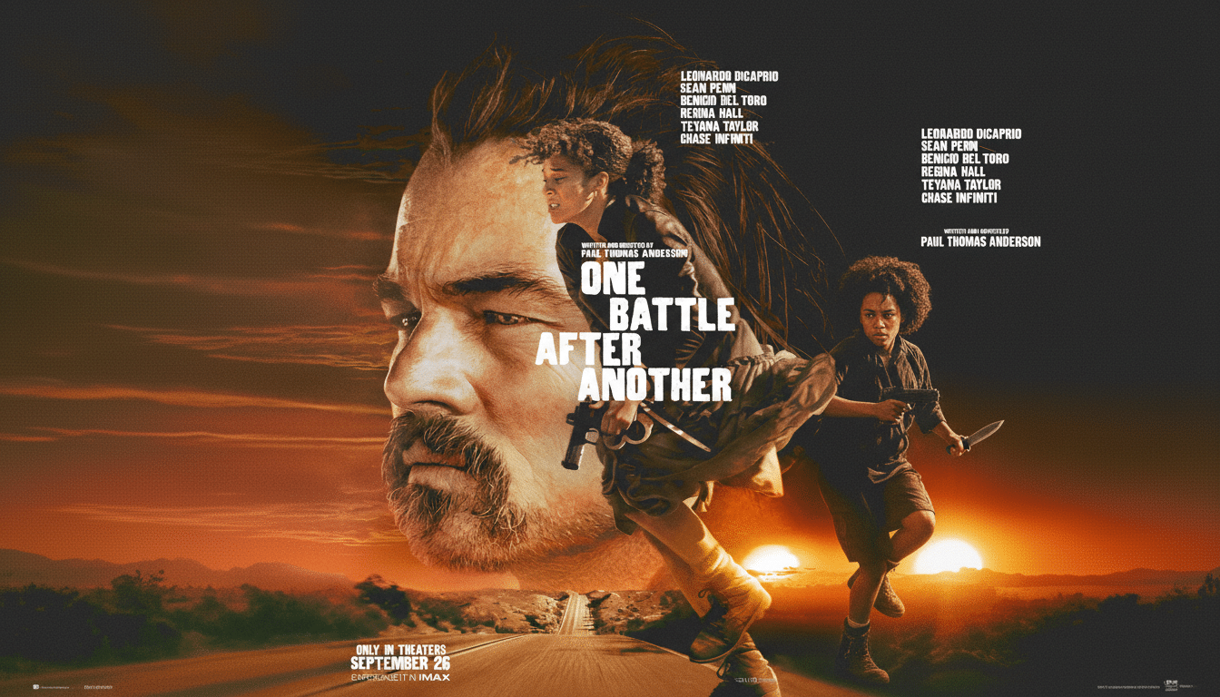 A movie poster for One Battle After Another featuring a large image of Leonardo DiCaprios face in profile, with a smaller figure of a person holding a gun and a knife in action, set against a sunset landscape with a road.
