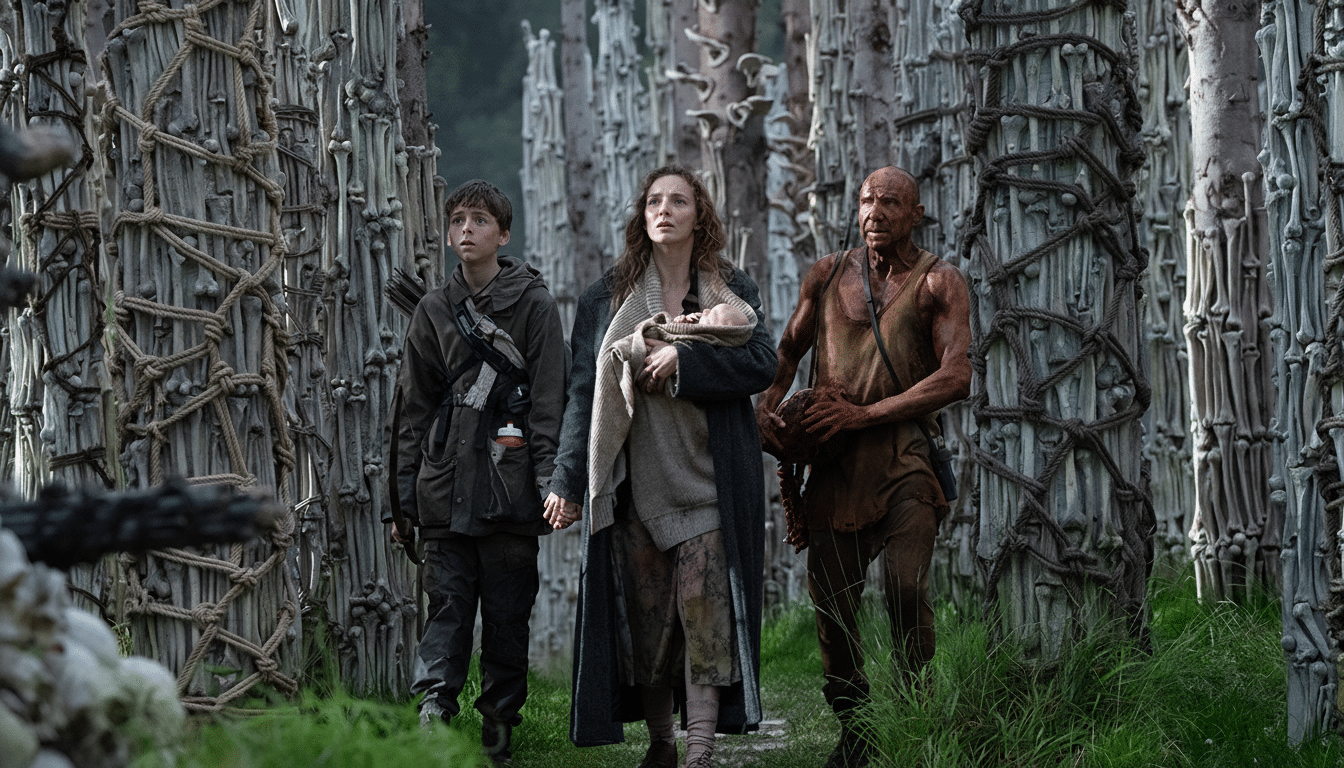 A family, including a woman holding a baby, a young boy, and a man, walks through a forest with trees adorned with bones.
