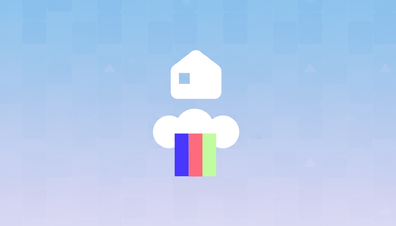 A white house icon above a white cloud icon, with a blue, red, and green bar extending downwards from the cloud, all set against a light blue background with subtle geometric patterns.