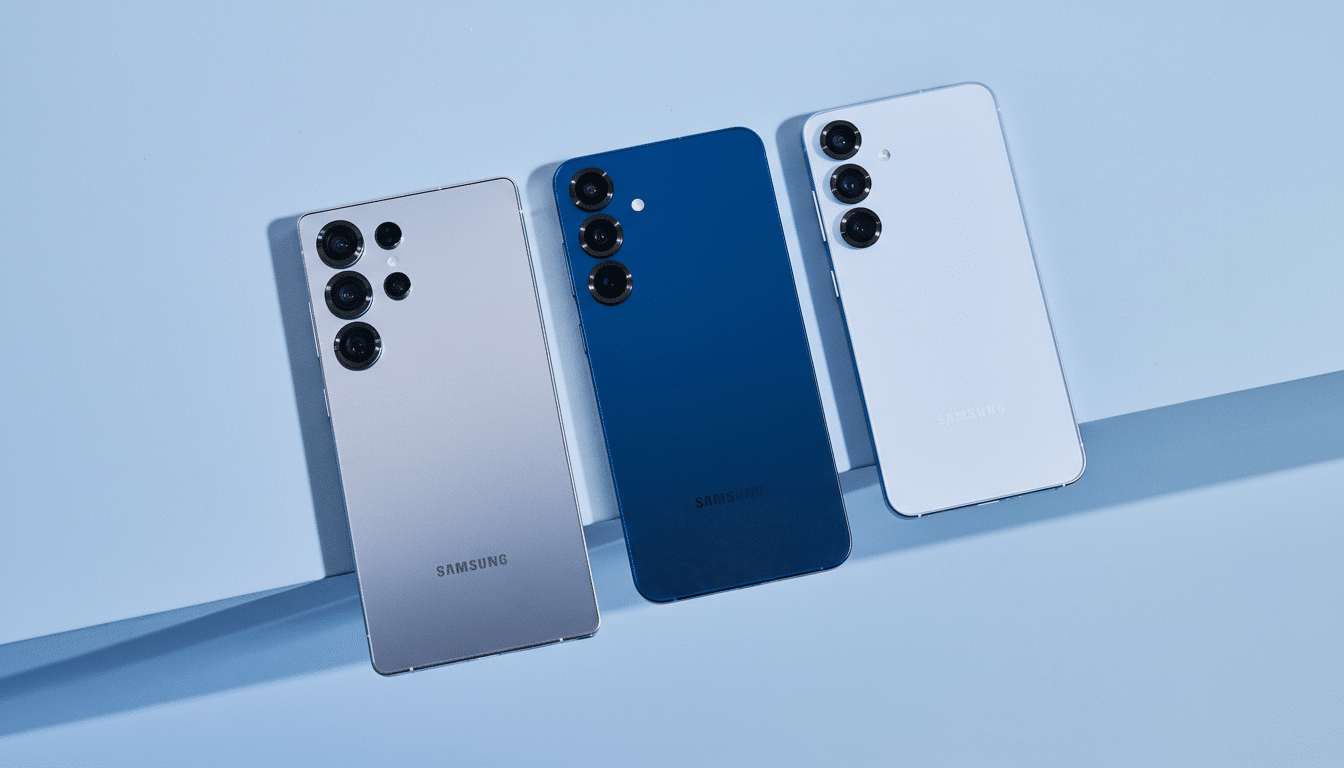 Three Samsung smartphones, one silver, one blue, and one light blue, are arranged diagonally on a light blue background.