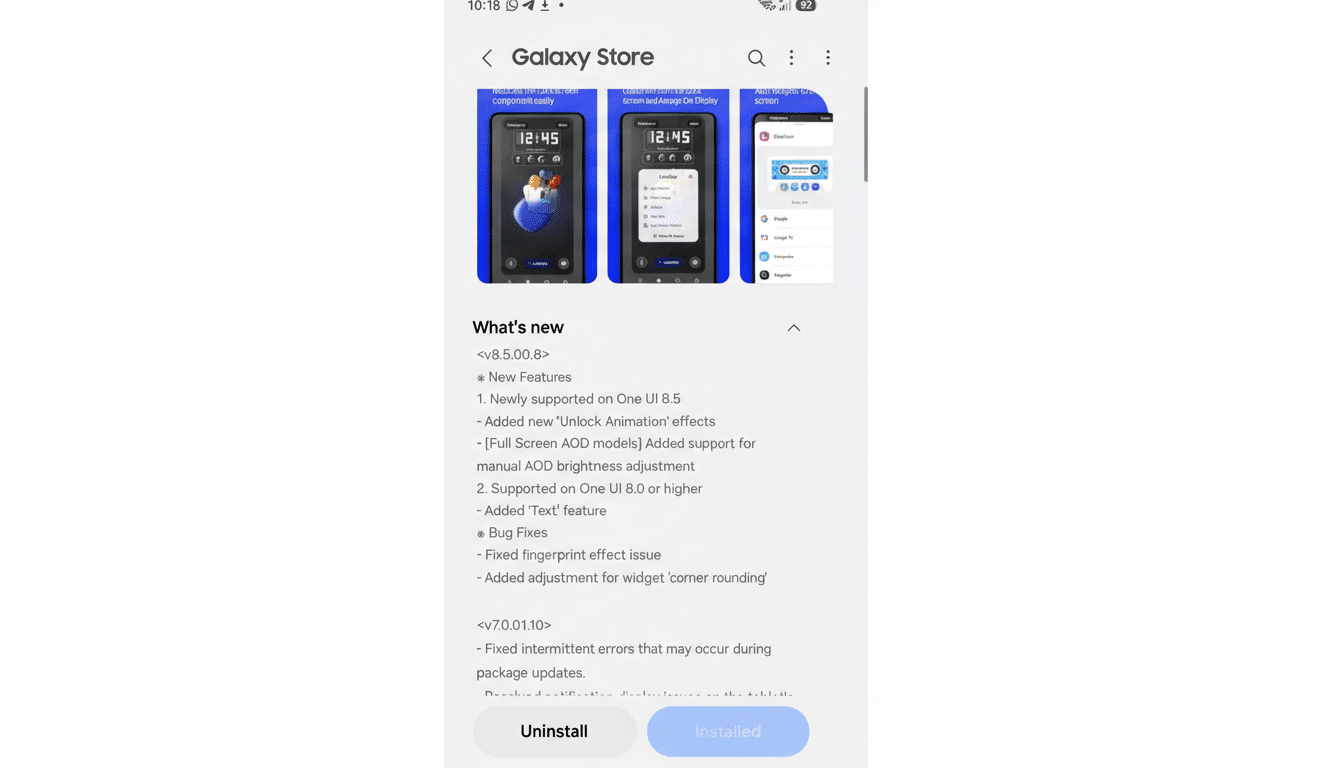 A screenshot of the Galaxy Store app showing Whats new in version 8.5.00.8, with three phone screen previews at the top. The app is resized to a 16:9 aspect ratio with a white background.