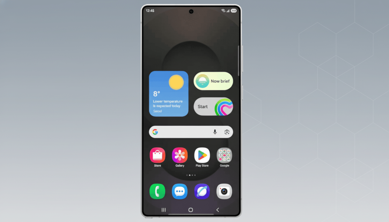 A smartphone displaying its home screen with various app icons and widgets, set against a professional flat design background with subtle geometric patterns.