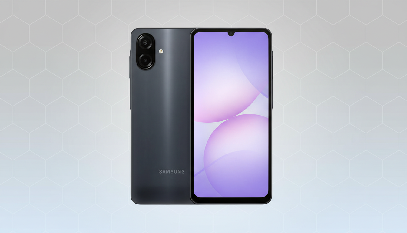 A dark gray Samsung smartphone, showing both its front with a purple-hued screen and its back with a dual camera setup, presented on a light gray background with a subtle hexagonal pattern.