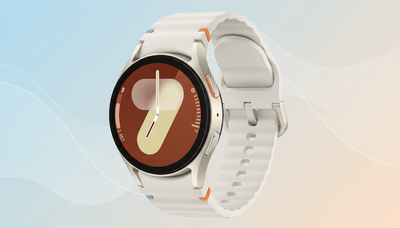 A white Samsung Galaxy Watch 5 Pro with a white band is displayed at an angle against a soft, gradient background of light blue and orange with subtle wave patterns.