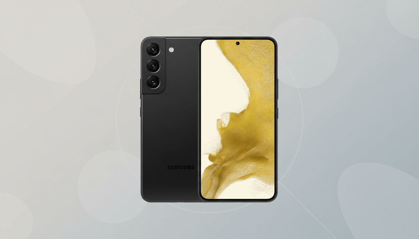 A black Samsung Galaxy S22 smartphone is displayed at a 16:9 aspect ratio, with its front and back visible. The phone is centered against a professional flat design background featuring soft, light gray gradients and subtle, organic patterns.