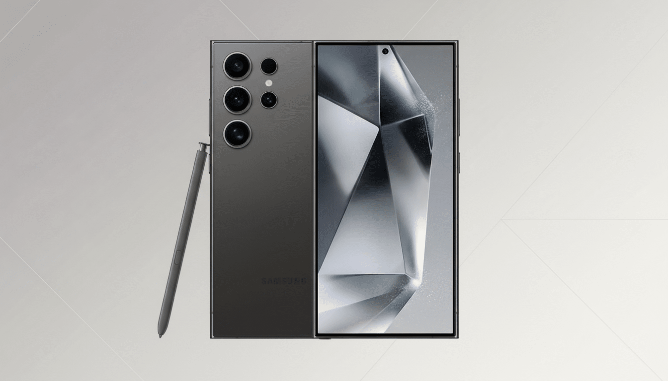 A Samsung Galaxy S23 Ultra smartphone in a dark gray color, shown from the front and back, with its matching S Pen stylus resting beside it. The background is a professional flat design with soft patterns.