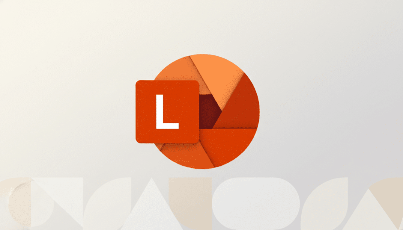 A professional enhancement of the original image, resized to a 16:9 aspect ratio. The image features the original orange circular logo with a camera aperture design and a square orange icon with a white L on a new background. The background is a soft, light gray gradient with subtle, abstract geometric patterns in the lower portion, maintaining a clean and professional presentation.