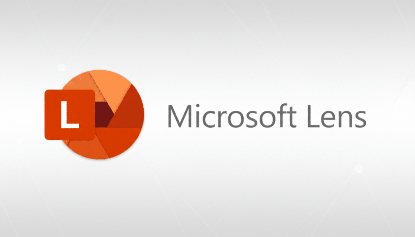 The Microsoft Lens logo and text on a professional flat design background with soft patterns.