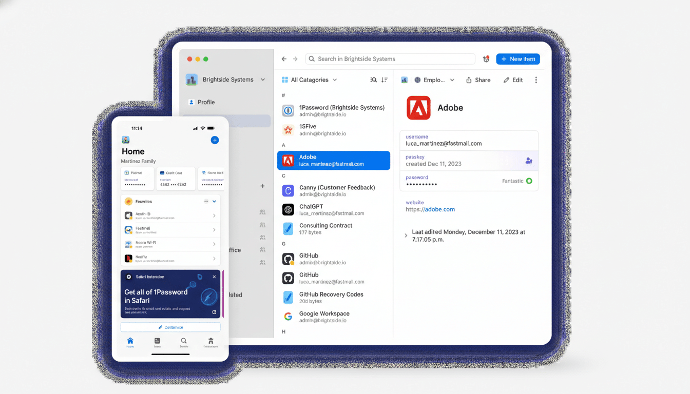 A desktop application and a mobile application are displayed, both showing interfaces related to password management and digital security. The desktop app, on the right, features a list of categories and entries, with Adobe highlighted, showing details like username, passkey, and website. The mobile app, on the left, displays a Home screen with various saved items like credit cards, Wi-Fi passwords, and login details for services like Apple ID and Netflix. A prompt at the bottom of the mobile screen suggests getting all of 1Password in Safari.