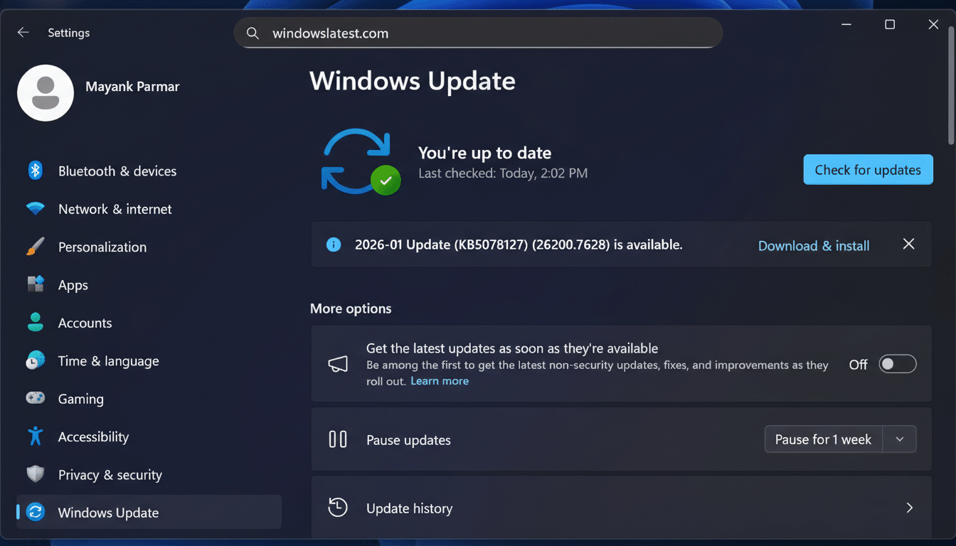 A screenshot of the Windows Update settings page, showing that the system is up to date and a new update is available.
