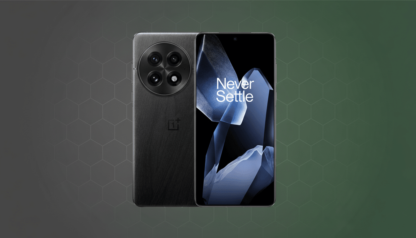 A black OnePlus smartphone, showing both its front and back, set against a professional dark green background with a subtle hexagonal pattern.