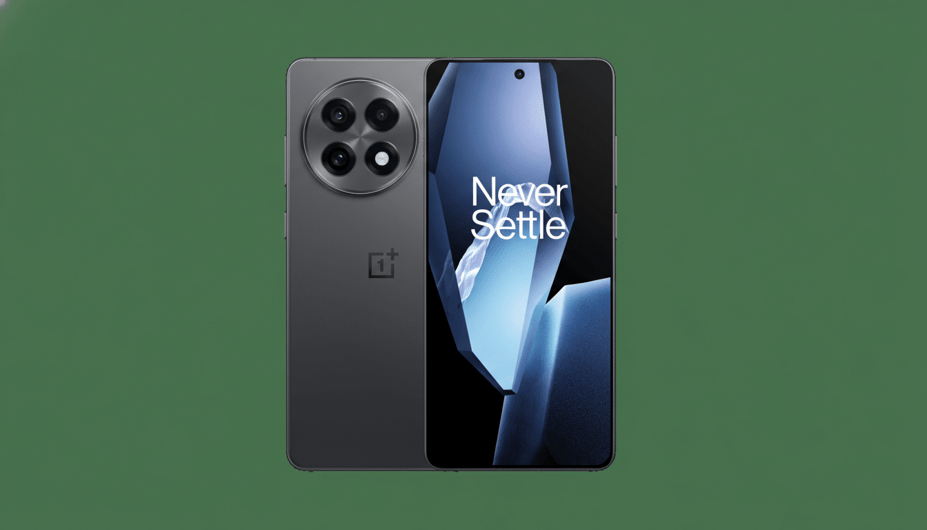 A dark gray smartphone, the OnePlus 11, is displayed with its front and back visible. The front screen shows the Never Settle slogan, while the back features a circular camera module with four lenses and the OnePlus logo. The phone is set against a solid dark green background.