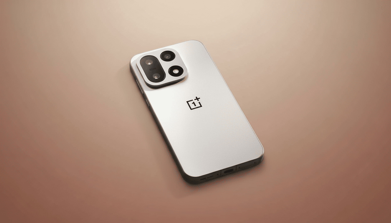 A silver smartphone with a prominent camera module and the OnePlus logo on its back, presented on a professional flat design background with a soft gradient.
