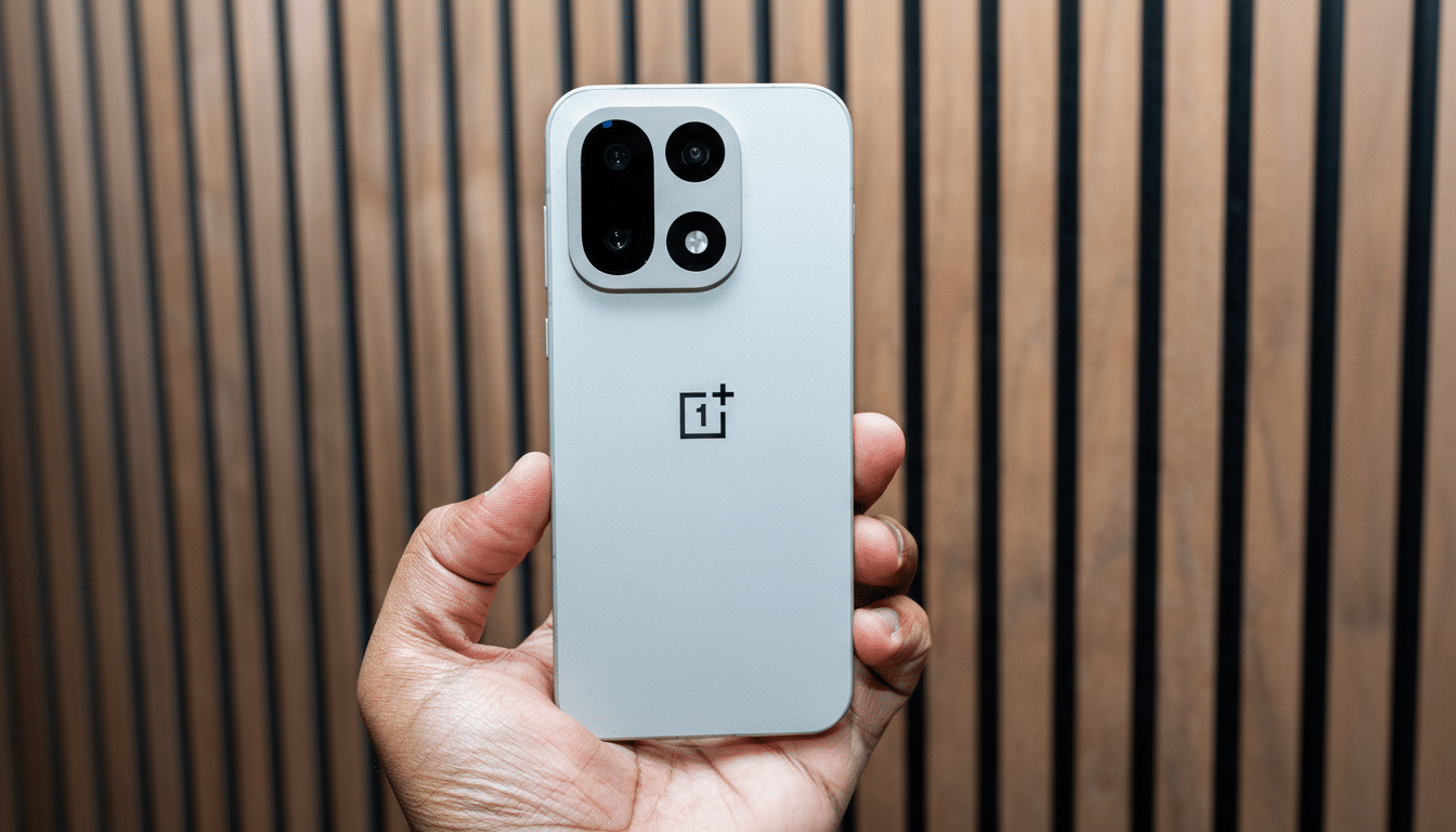 A hand holding a light gray smartphone with a black camera module and the OnePlus logo on the back, against a background of vertical wooden slats.