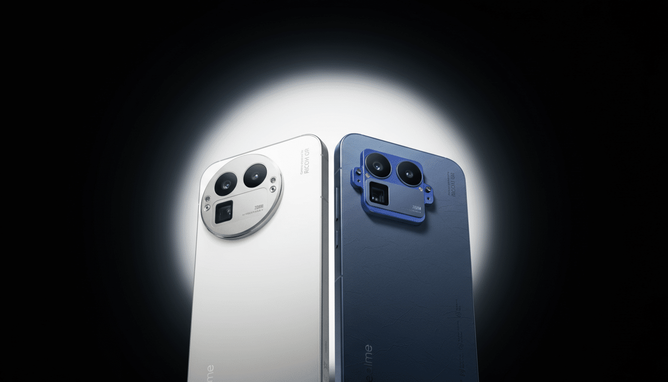 Two smartphones, one white and one blue, are shown from the back, highlighting their camera modules.
