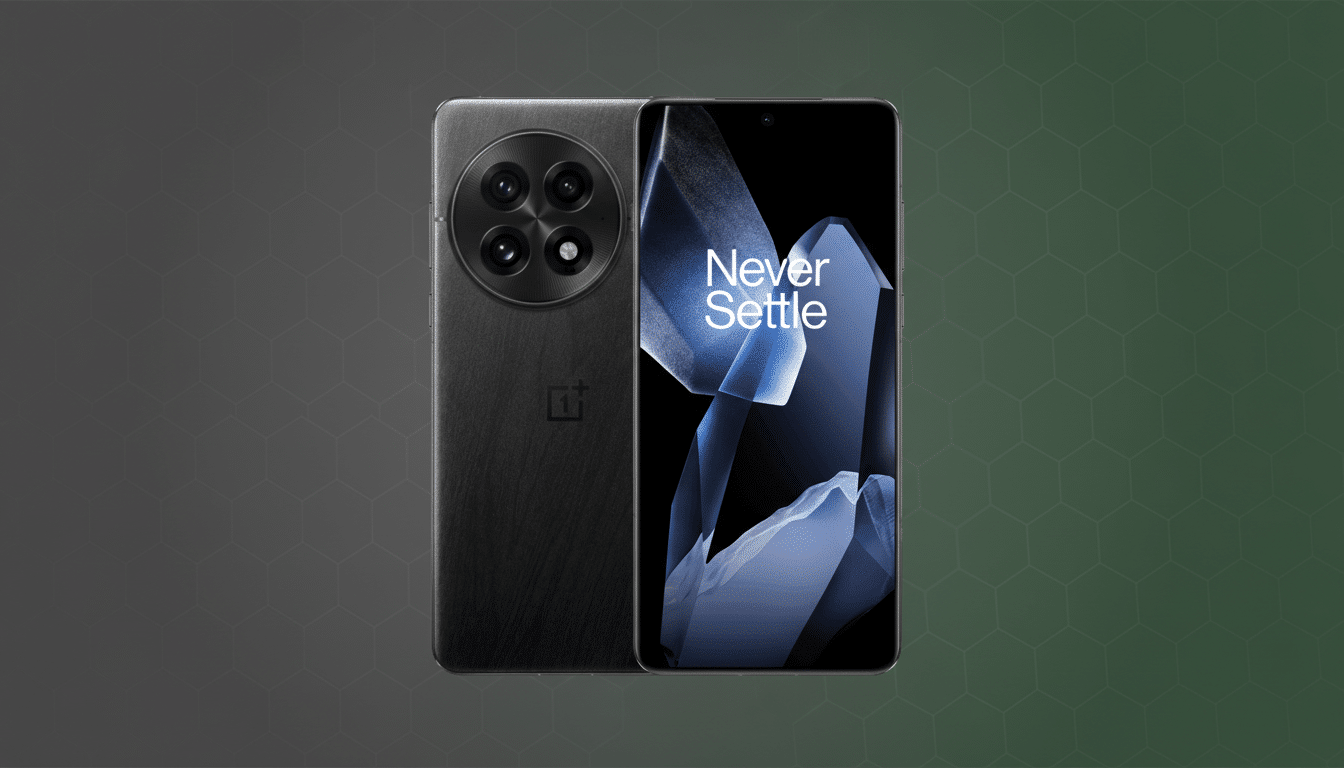 A black OnePlus smartphone, showing both its front screen with Never Settle text and its textured back with a circular camera module, set against a professional dark green and grey gradient background with a subtle hexagonal pattern.