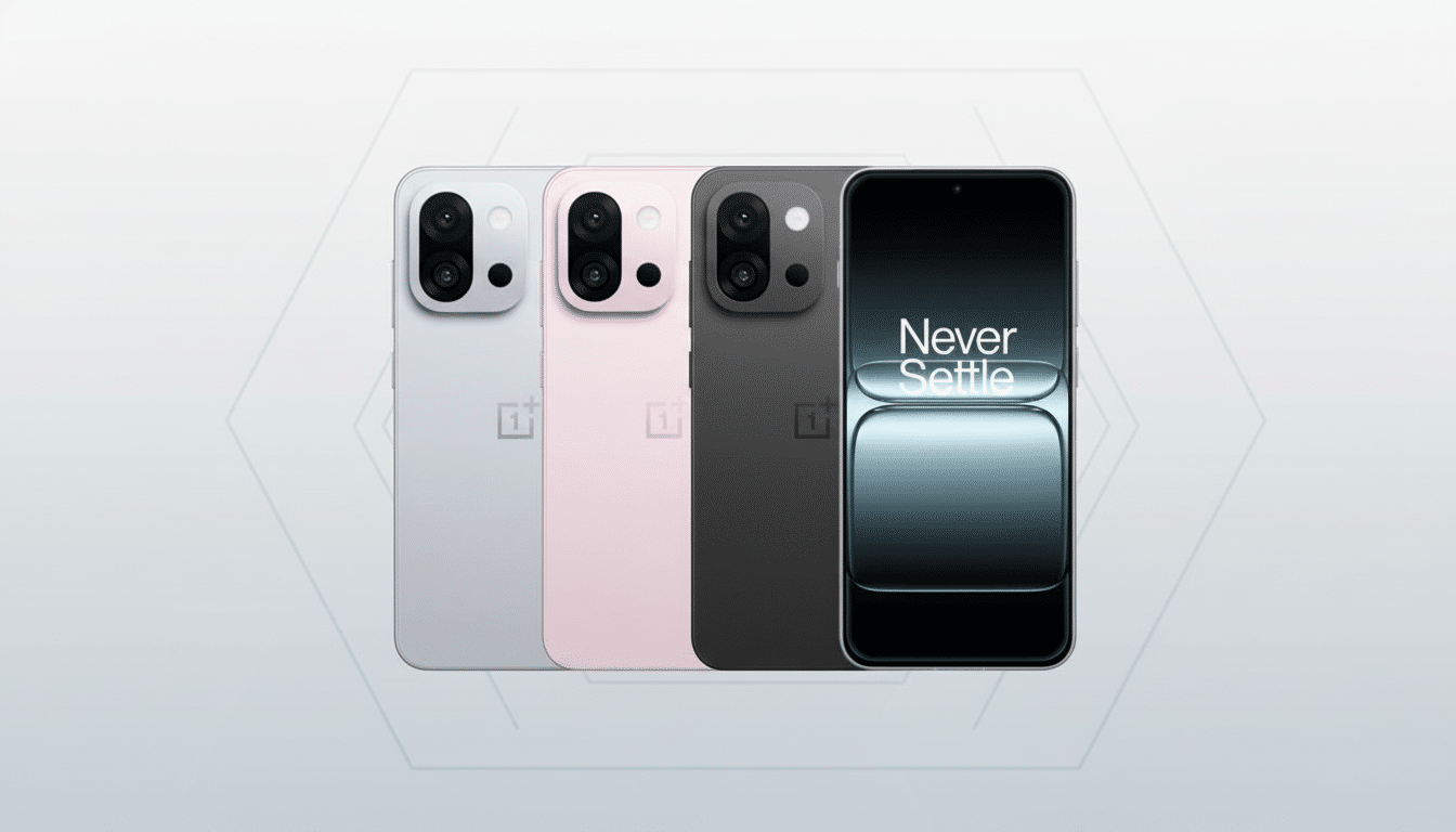 Four OnePlus phones in light gray, pink, and black, with one phone displaying Never Settle on its screen, presented on a professional flat design background with soft patterns.