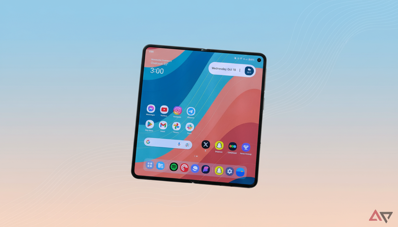 A smartphone displaying a home screen with various app icons, set against a professional flat design background with soft blue and orange gradients and subtle wave patterns.