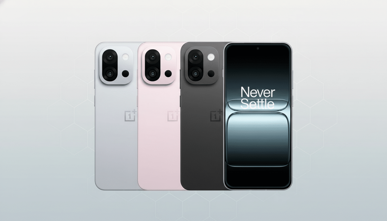 Four OnePlus phones in light gray, pink, and black, with one phone displaying Never Settle on its screen, presented on a professional flat design background with soft patterns.