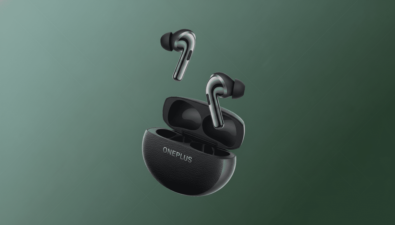 A pair of black OnePlus earbuds floating above their open charging case, set against a professional green gradient background.