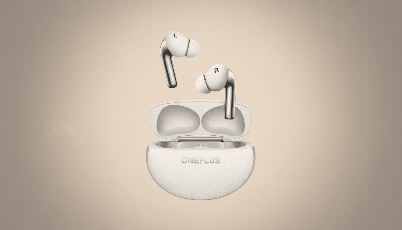 A pair of white OnePlus earbuds floating above their open charging case, set against a professional flat design background with soft patterns and gradients.