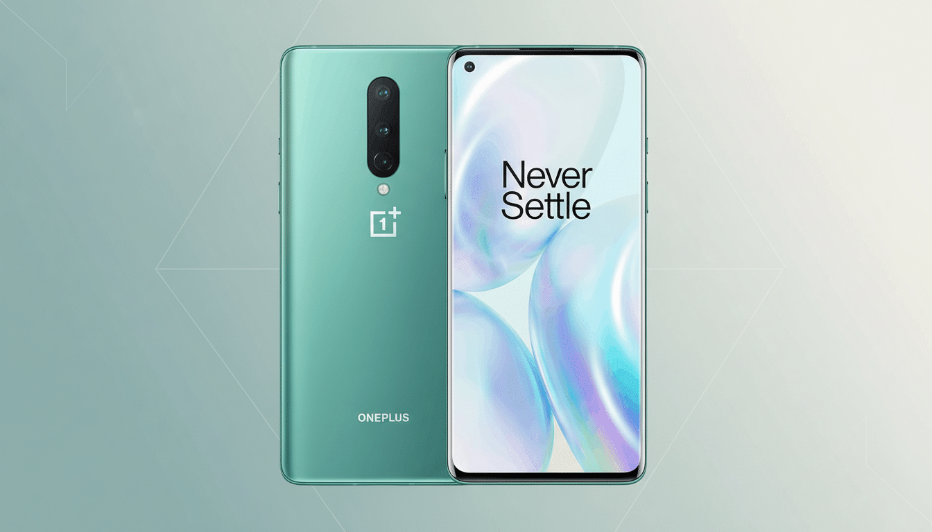 A green OnePlus 8 smartphone is displayed at a 16:9 aspect ratio on a professional flat design background with soft gradients. The front of the phone shows the Never Settle slogan, and the back features the OnePlus logo and camera array.