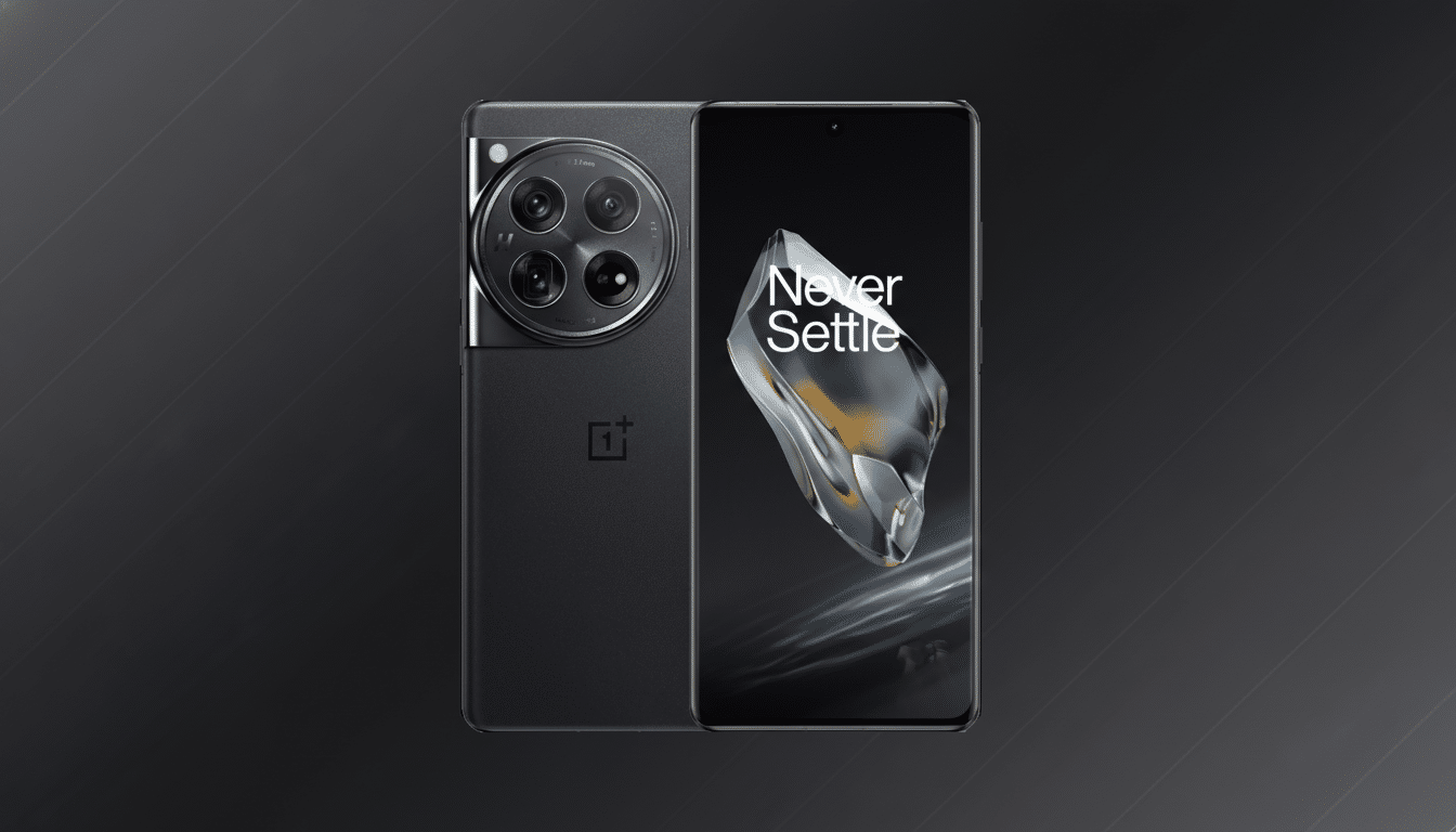 A black OnePlus smartphone is shown from the front and back, with the front screen displaying Never Settle and a crystal-like graphic. The background is a professional dark gray with subtle patterns.