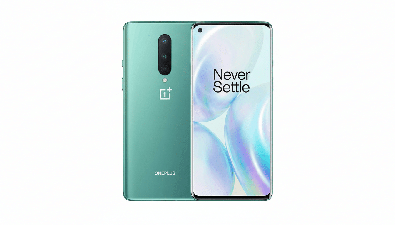 A green OnePlus smartphone, showing both the front and back, against a clean white background.