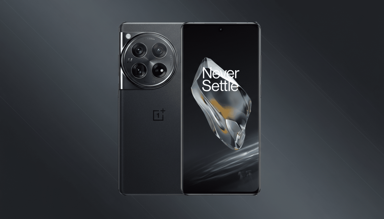 A black OnePlus smartphone with a large circular camera module on the back, displayed next to its screen showing the Never Settle slogan and a crystal-like graphic, all set against a professional dark gray gradient background.