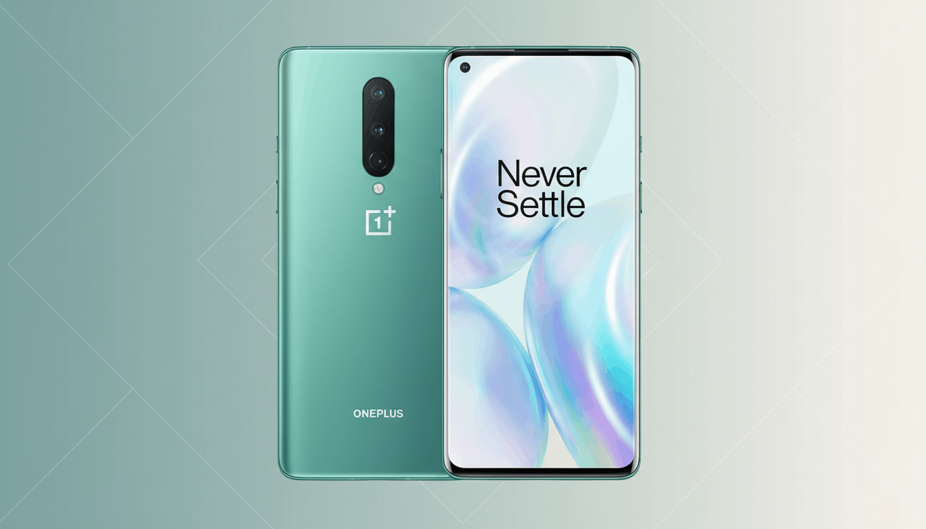 A green OnePlus smartphone, showing both the front and back, set against a professional flat design background with soft patterns and gradients.