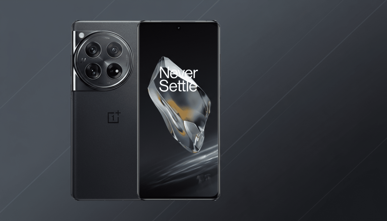 A OnePlus smartphone, seen from the front and back, against a professional dark gray background with subtle diagonal lines.