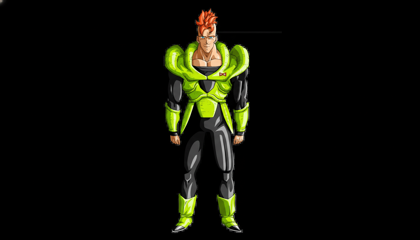 A full-body image of Android 16 from Dragon Ball Z, standing against a black background. He has spiky red hair, blue eyes, and is wearing a black and lime green battle suit with the Red Ribbon Army logo on his chest.
