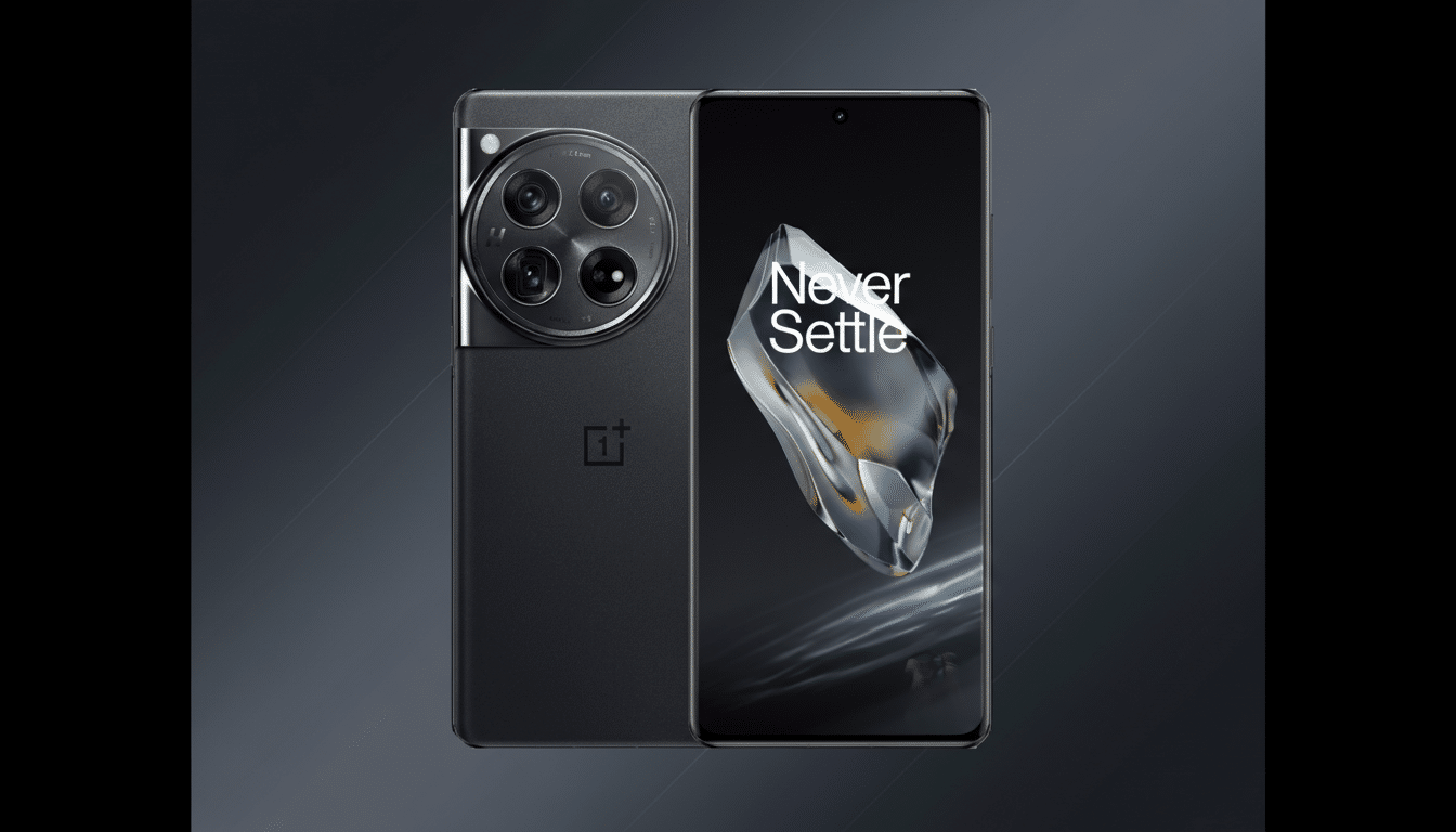 A black OnePlus smartphone, shown from the front and back, with a professional dark gray gradient background.