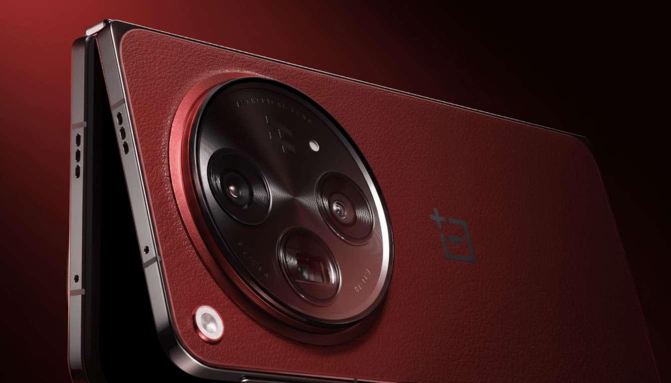 A close-up, professional shot of the back of a red smartphone with a large circular camera module featuring multiple lenses and the OnePlus logo.