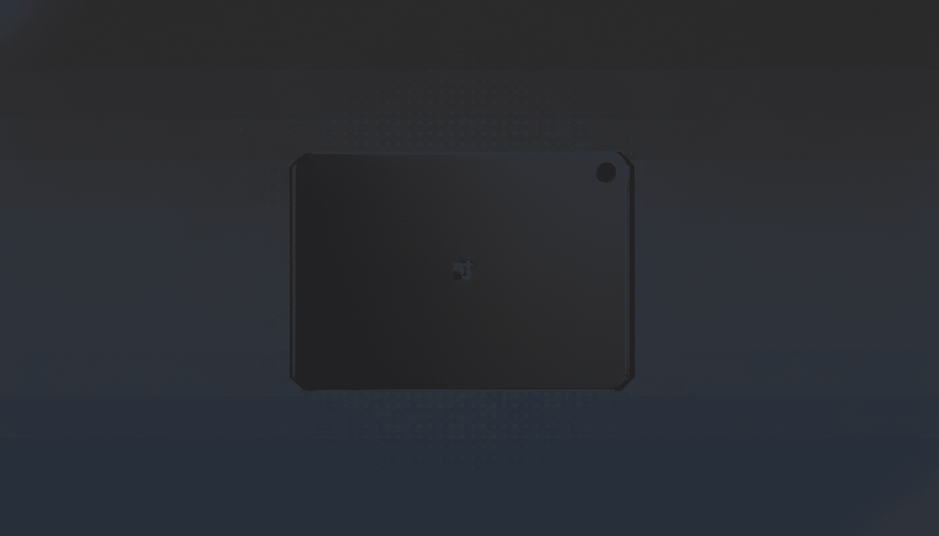 A dark gray tablet with a OnePlus logo in the center and a camera lens in the top right corner, set against a professional flat design background with soft patterns and gradients.