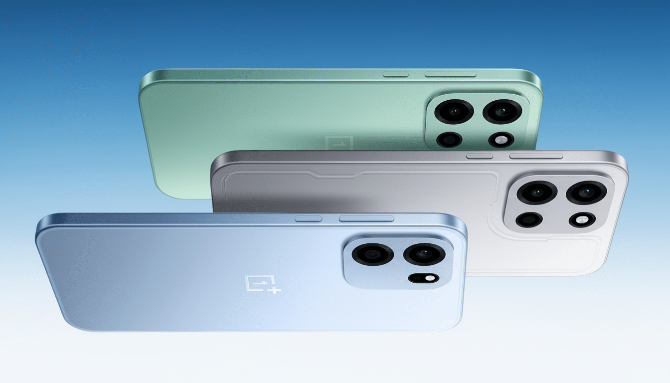 Three smartphones in green, silver, and blue, arranged diagonally on a blue gradient background.