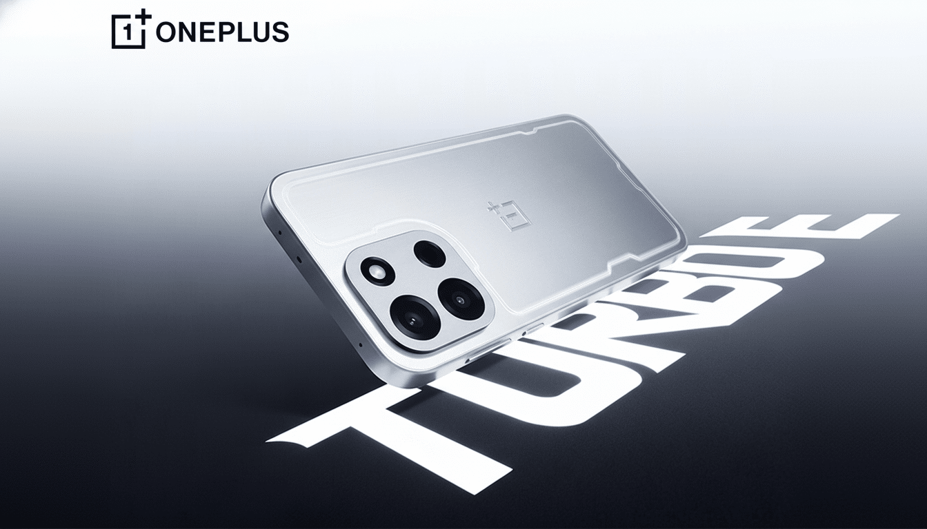 A silver OnePlus phone with a clear case, angled on a dark surface with the word TURBO illuminated in white.