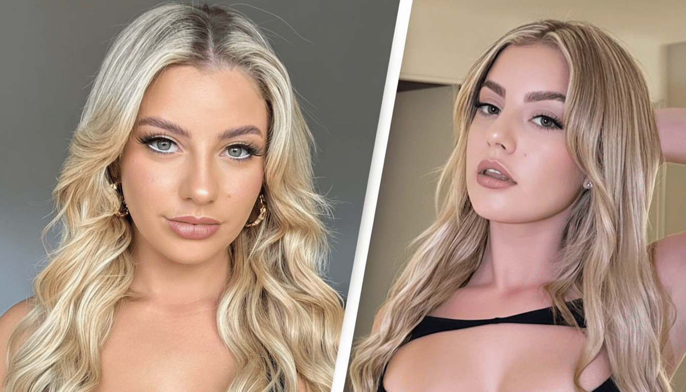 A split image showing two different portraits of a woman with long blonde hair.