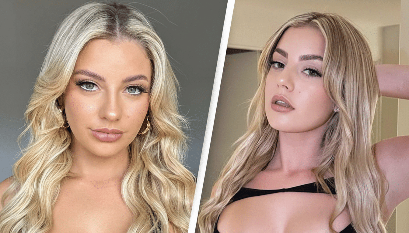 A split image showing two different portraits of a woman with long blonde hair.