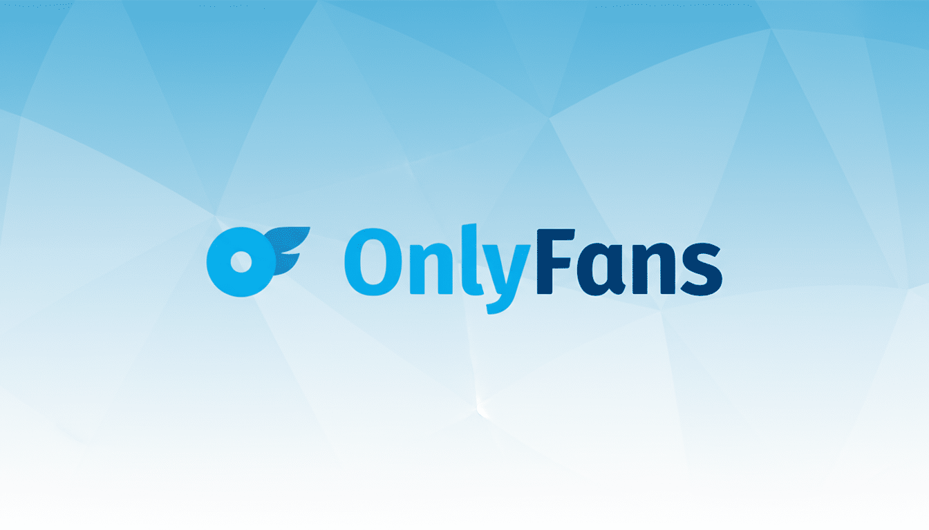 The OnlyFans logo, featuring a stylized blue O with a wing design and the word OnlyFans in blue text, set against a professional light blue gradient background with subtle geometric patterns.