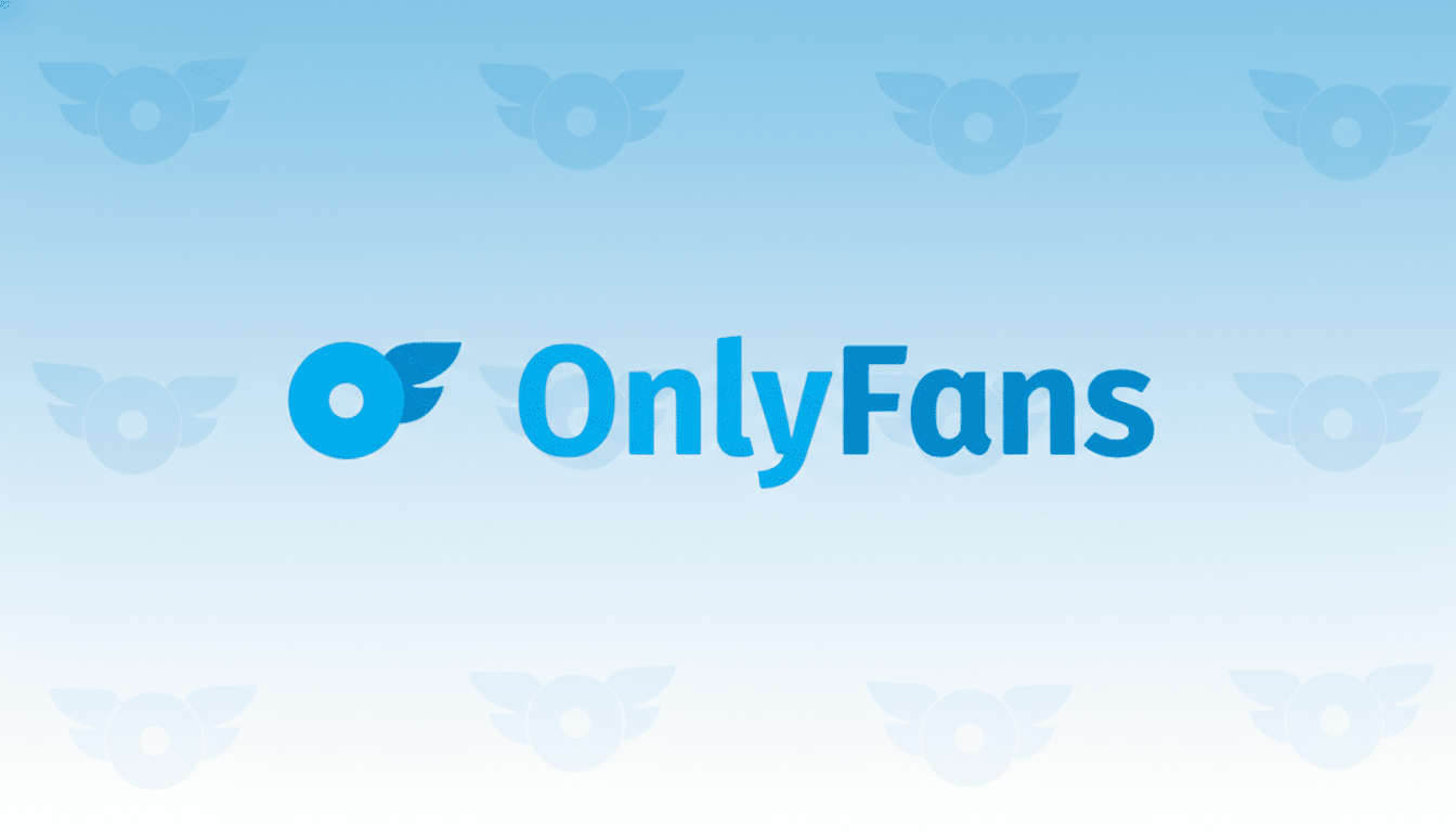 The OnlyFans logo, featuring a stylized blue O with wings and the word OnlyFans in blue text, centered on a light blue gradient background with subtle, repeating patterns of the winged O logo.