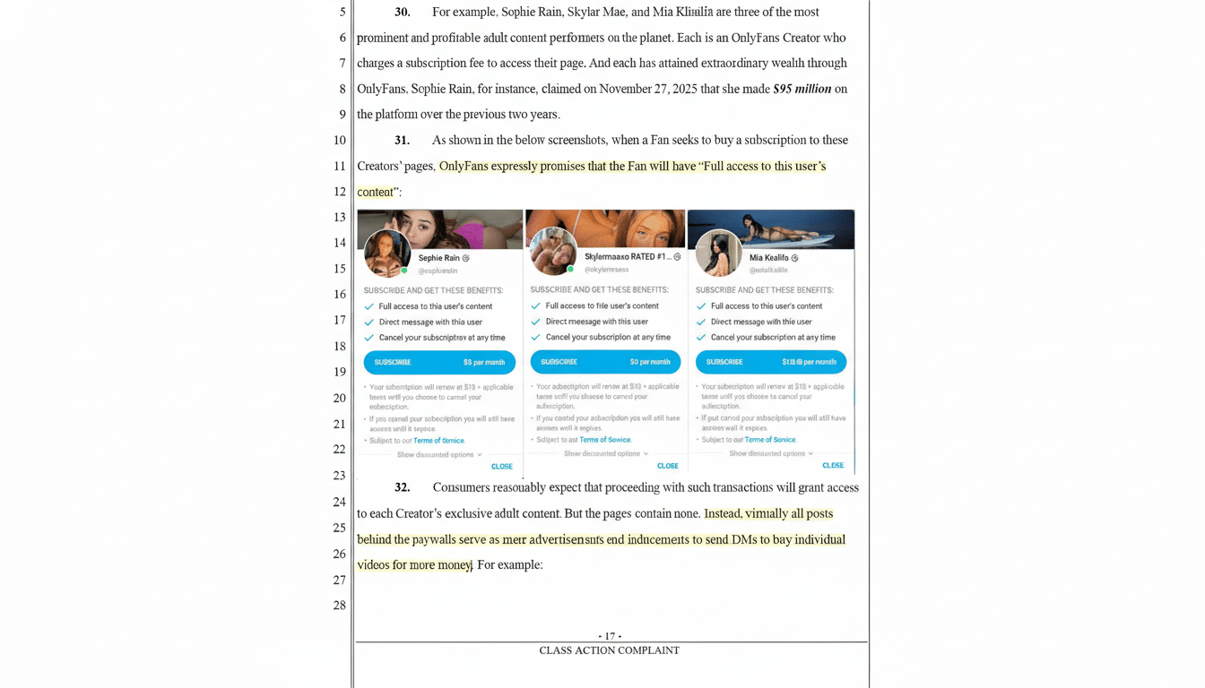 A screenshot of a legal document with text and three images of OnlyFans profiles. The text discusses OnlyFans creators and their subscription fees. The images show profiles for Sophie Rain, Skylar Mae, and Mia Khalifa, each with subscription options and benefits listed.