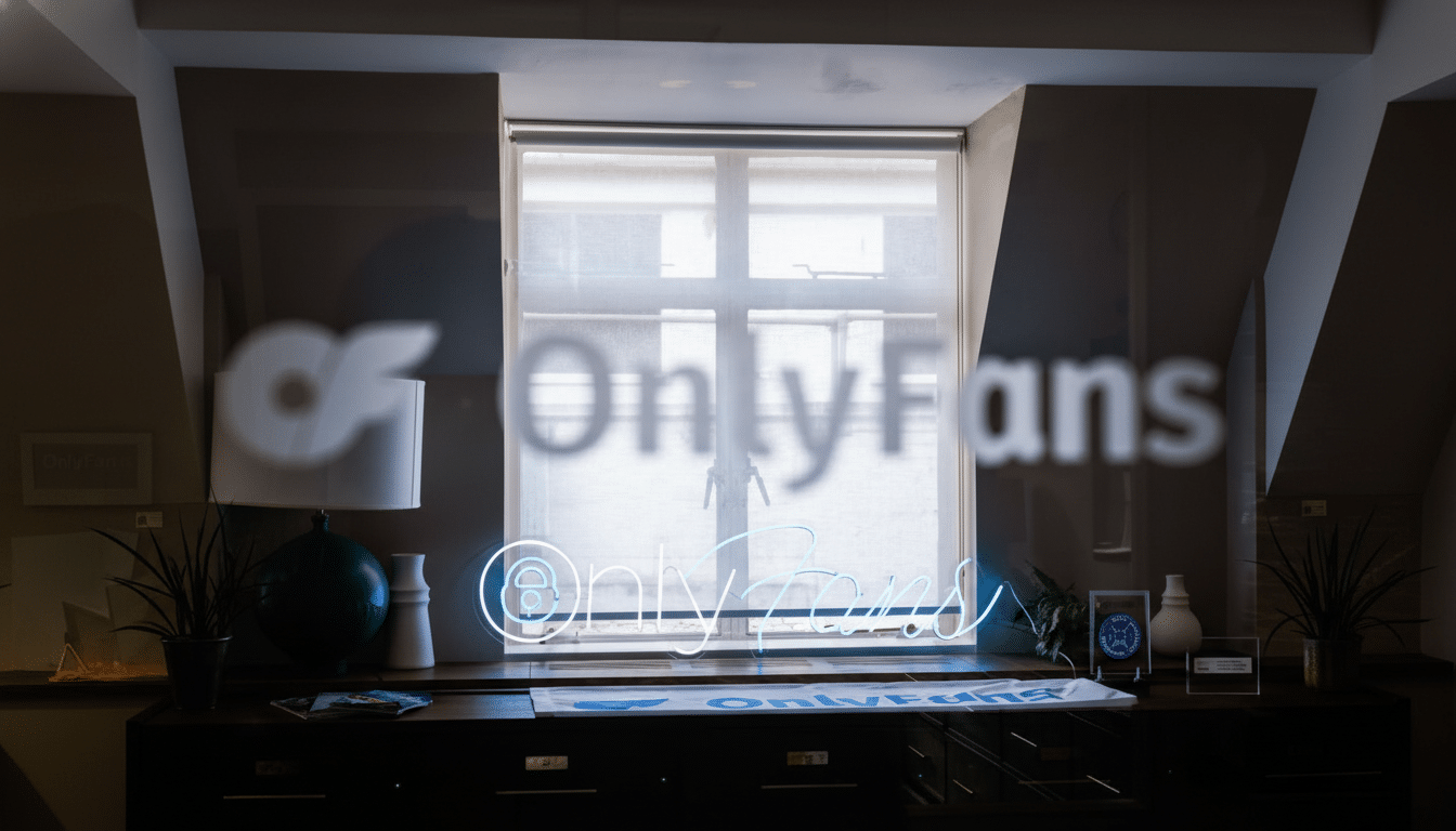 A neon OnlyFans sign is reflected in a window, with another neon sign below it, in a room with plants and lamps.