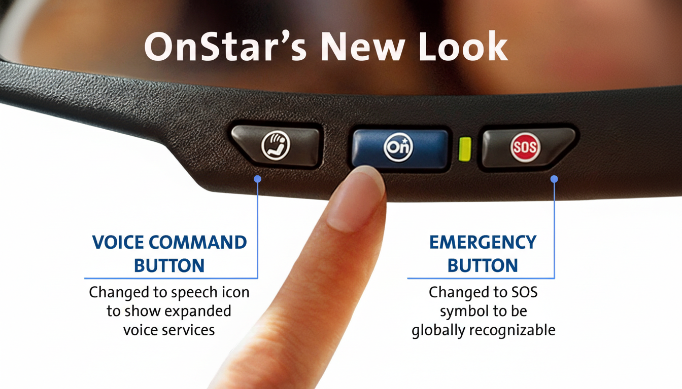 A close-up of an OnStar rearview mirror with a finger pressing the blue On button. Text labels point to the Voice Command Button (with a speech icon) and the Emergency Button (with an SOS symbol), explaining their new designs. The image is resized to a 16:9 aspect ratio.