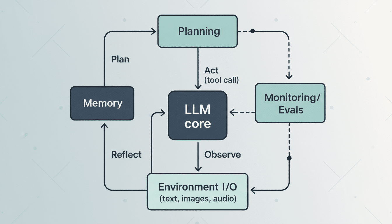 A diagram illustrating the LLM core interaction with planning, memory, monitoring/evals, and environment I/O in a cyclical process.