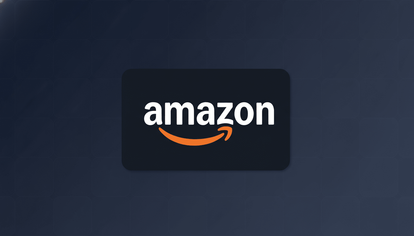 The Amazon logo, featuring the word amazon in white with an orange arrow curving from the a to the z, centered on a dark gray rounded rectangle. The background is a professional flat design with a subtle grid pattern and soft gradient in shades of dark blue and gray.