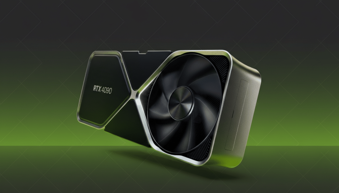 A professional, enhanced image of an RTX 4090 graphics card, presented at a 16:9 aspect ratio with a subtle dark green gradient background.