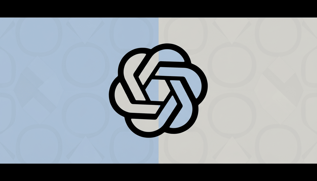 A 16:9 aspect ratio image featuring the OpenAI logo centered on a split background of light blue and light gray, each with subtle geometric patterns.