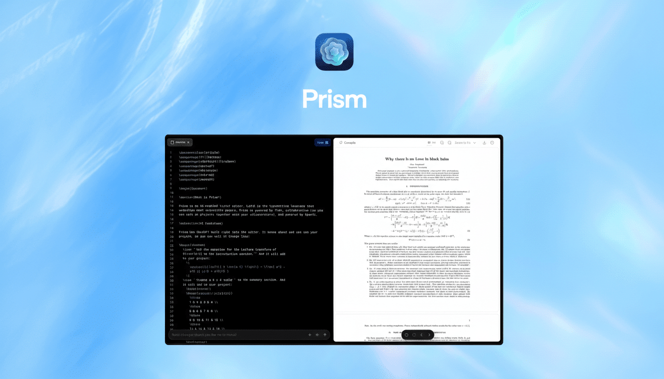 A 16:9 aspect ratio image of the Prism app interface, featuring a code editor on the left and a document viewer on the right, set against a professional, soft gradient background.